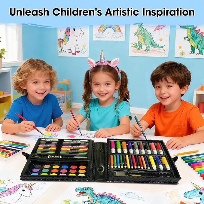 KIDDYCOLOR Kids Art Set, Drawing Art Supplies for Girls & Boys Ages 4-8 with Watercolor Cakes, Oil Pastels, Colored Pencils, Ideal Gift for Young Artist, Black-87pcs