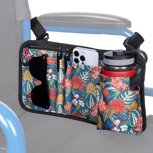 JOYTUTUS Walker Side Bag, Wheelchair Armrest Storage Pouch with Cup Holder, Wheelchair Accessories for Seniors, Walker Bag Cup Holder for Walker, Rollator, Electric Scooter or Wheelchair Green