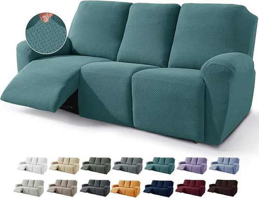 JIVINER 8-Piece Recliner Sofa Covers Stretch Jacquard Couch Covers for Recliner Slipcovers for Living Room 3 Cushion Soft Recliner Protector with Pocket (Sofa Recliner, Peacock Blue)