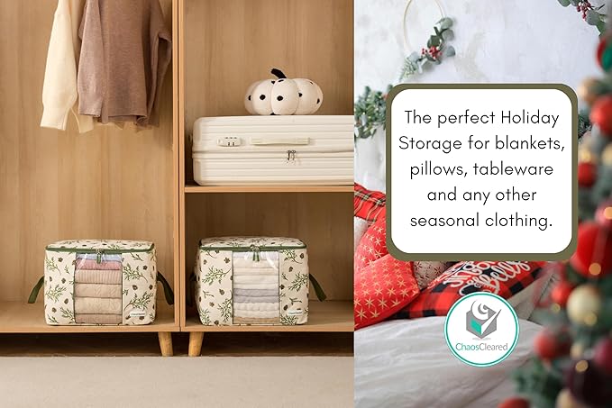 Canvas Storage Bags Designer Organizer 2 Pack – Seasonal Storage for Sweaters, Blankets, Linens & Garments – Foldable Design with Zip & Window, Moth-Proof Space Saver, Mistletoe Print