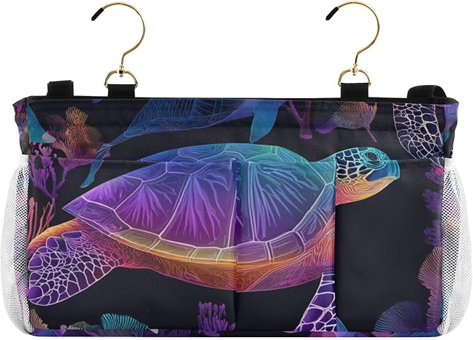 Colorful Gradient Turtle Fish and Coral Bedside Caddy for Dorm Bed Bedside Hanging Caddy Bag Iron Frame Storage Organizer Pocket for Bunk Home College Hospital Beds 2 Hooks