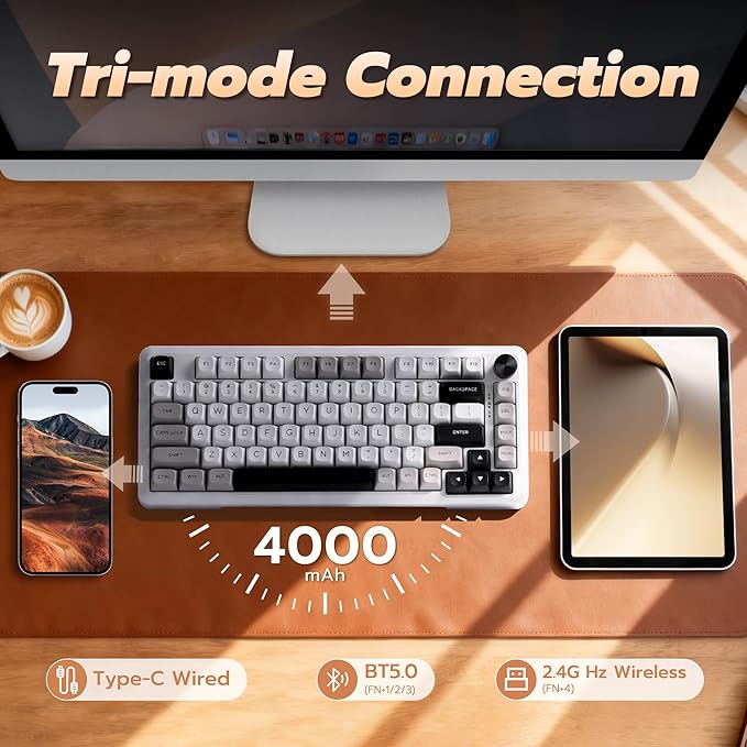 E-YOOSO Z-82 Wireless Mechanical Keyboard, 75% Layout, Hot-Swap Wireless Gaming Keyboard, BT/2.4GHz/Type-C Triple Mode, RGB Backlit Gaming Keyboards, Compatible with Win/Mac (White&Gray&Black)