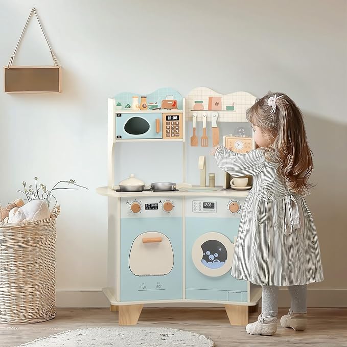 Ktaxon Wooden Play Kitchen with Coffee Maker, Pretend Kitchen Playset for Kids with Toy Washing Machine, Oven, Microwave & Cooking Set Accessories for 3+ Years