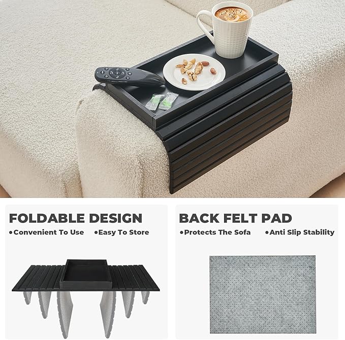 Bamboo Sofa Arm Tray, Anti Falling Couch Arm Tray Table, Foldable Couch Armrest Table, Portable Sofa Armrest Trays Cup Holder for Drink, Cups, Phone, Snacks, Remote