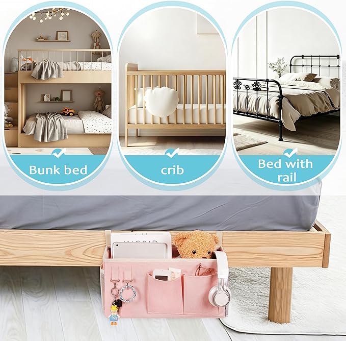 Loghot Bedside Caddy/Bedside Storage Bag Hanging Organizer for Bunk and Hospital Beds,Dorm Rooms Bed Rails,Can be Placed Glasses,Books,Mobile Phones,Keys (2pc Pink)