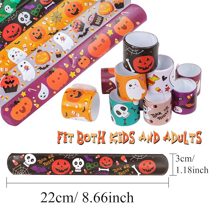CCINEE 48pcs Halloween Slap Bracelets Assorted Bulk Pumpkin Zombie Witches Snap Bracelet Wristbands for Kids Halloween Party Gift Bag Filler Supply…