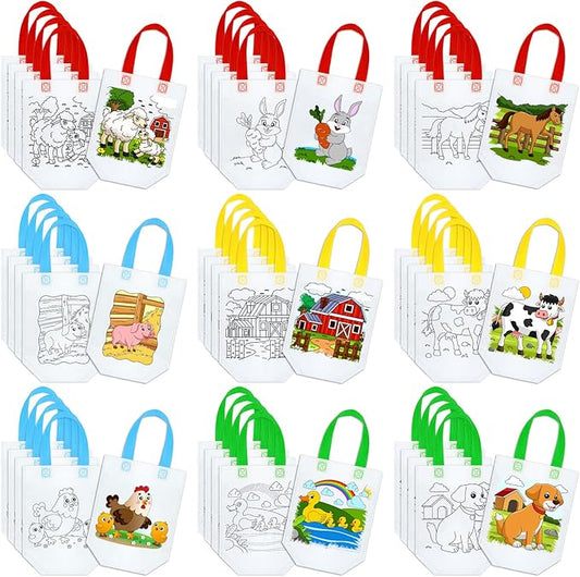 Kacctyen 45 Pcs Color Your Own Goodie Bags Reusable Farm Animals Art Party Favor Paint Bags for Farmhouse Theme Barnyard Birthday Graffiti Goodie Bags, 9 Styles