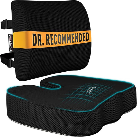 FORTEM Seat Cushion, Office Chair Cushion, Lumbar Support Pillow for Office Chair, Memory Foam Sciatica Coccyx Tailbone Pressure Pain Relief, Car Sitting Pad, Washable Non Slip