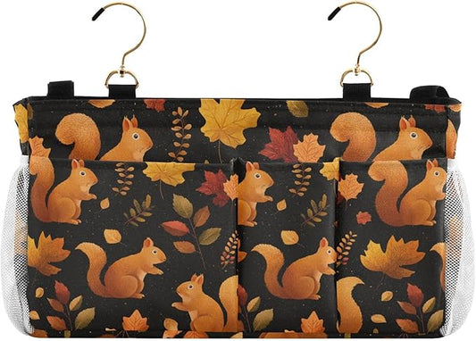 Black Orange Squirrel Leaves Falling Bedside Caddy for Dorm Bed Bedside Hanging Caddy Bag Iron Frame Storage Organizer Pocket for Bunk Home College Hospital Beds 2 Hooks