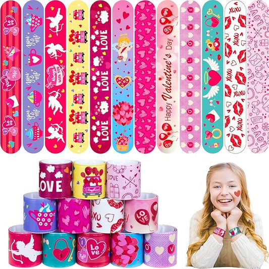 48PC Valentines Slap Bracelets for Kids, Party Favors & Goodie Bag Fillers, Valentine’s Day Gifts for Students & Classrooms