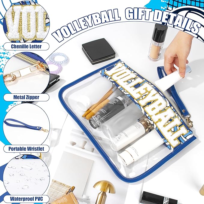 BuyCard Volleyball Gifts Makeup Bag with Chenille Letter Patch, Clear Cosmetic Pouch PVC Organizer Purse, Waterproof Travel Bag, Portable Toiletry Storage Bag for Her Friends
