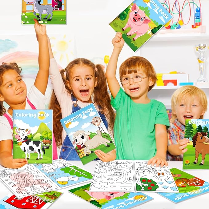 24Pcs Farm Animals Mini Coloring Books for Kids Party Favors Bulk Gift Cows Horses Barns Small Art Drawing Book for Goodie Bags Stuffer for Holiday Birthday Party School Classroom Activity Supplies