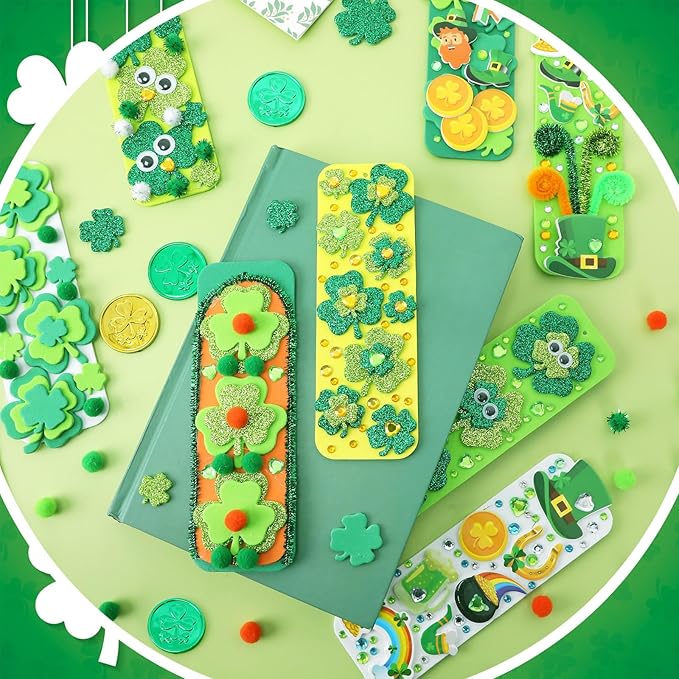 JULBEAR 36 Sets St. Patrick's Day Crafts Kits, Shamrock Bookmark Craft Kits DIY Blank Foam Bookmarks Decorations Leaf Foam Stickers Arts for Kids Classroom Activity St Patrick's Day Party Favors