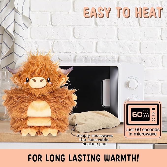 Brown Highland Cow Microwavable & Weighted Stuffed Animals - Unscented Heatable Plush Doll, Cute Cow Plush Toys Gifts for Girls Boys and Kids, Happy Fuel
