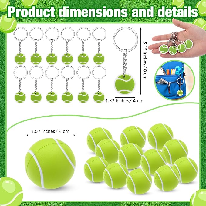48 Pcs Tennis Party Favors for Kids Include 12 Tennis Drawstring Bags, 12 Tennis Keychain, 12 Silicone Tennis Bracelets, 12 Mini Stress Ball for Sports Birthday Supplies Decorations