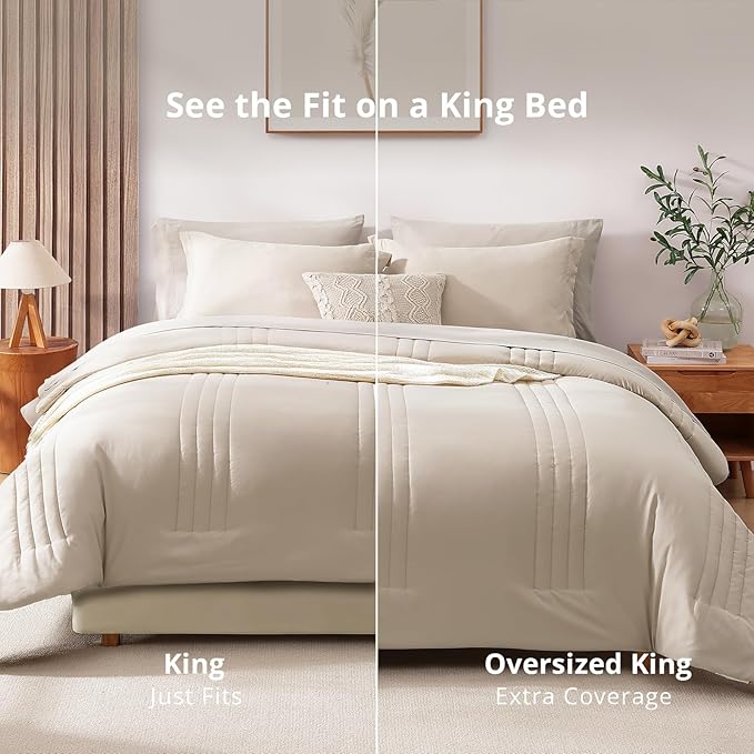 Monbix Oversized King Size Comforter Set - 7 Pieces Apricot Beige Bed in a Bag Oversized King Bedding Sets with Comforters, All Seasons Comforter Bed Set with Sheets, Pillowcases & Shams