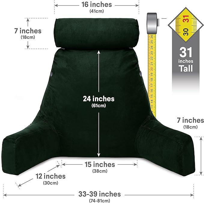 Husband Pillow XXL Aspen Edition, Adult Reading Sit Up Bed Rest Pillow for Bed with Arms & Neck Roll on Bungee Cord - Premium Memory Foam, Reversible 2 Sided Cover Micro Suede or Plush, Ramona Green