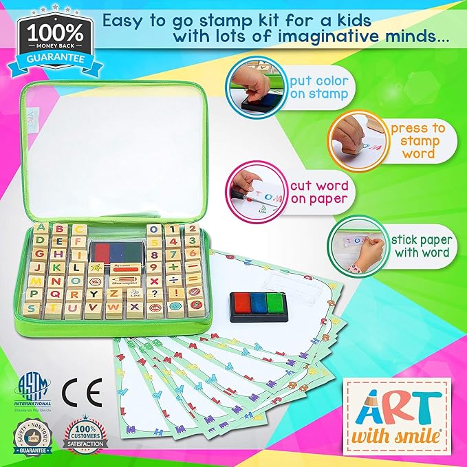 Large Wooden Stamp Premium Set for Kids. 72 Pcs Alphabet Stamps. Letters, Numbers, 3-Color Washable Ink Pad, 3 Refill Bottles, Activity Book. Ideal Creativity Kit for Back to School