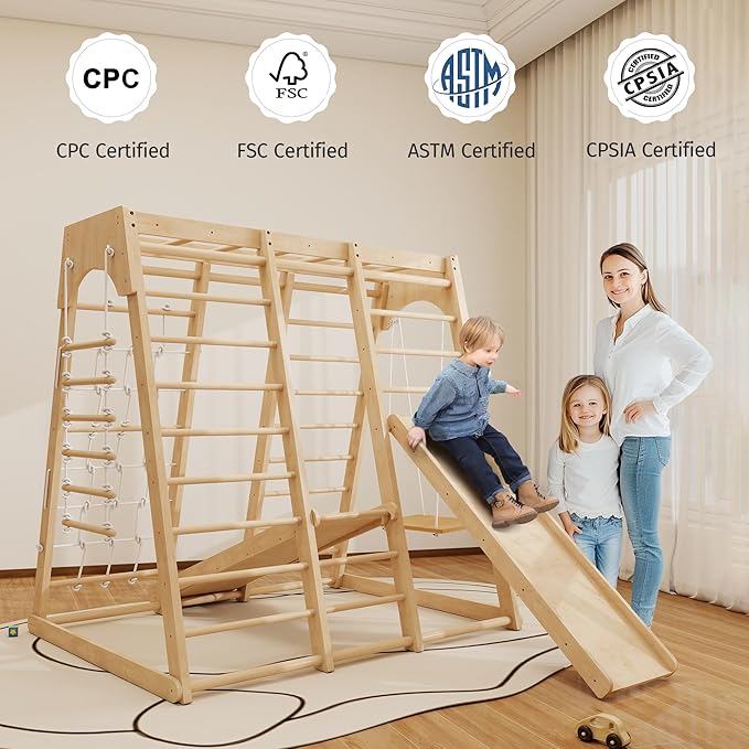 Indoor Jungle Gym, Montessori Climbing Toys, Toddler Indoor Playground Set 8-in-1 with Swing, Armband, Rock Climb Wall, Slide, Monkey Bar, Wood & Rope Ladder, Rope Wall Ladder for Kids 1-8yrs