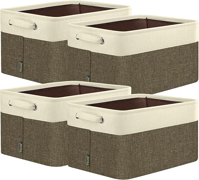 BALEINE 4 Pack Fabric Storage Bins for Shelves, Linen Storage Baskets for Organizing, Decorative Closet Bins for Clothes, Home (Brown, 14''x10''x8.5'')