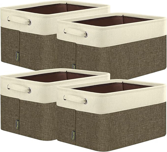 BALEINE 4 Pack Fabric Storage Bins for Shelves, Linen Storage Baskets for Organizing, Decorative Closet Bins for Clothes, Home (Brown, 12"x8"x8")