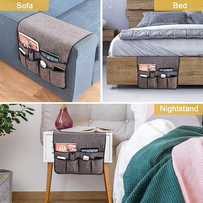 Armchair Caddy Remote Control Holder Sofa Organizer Non-Slip Couch Arm Chair Caddy with 6 Pockets for Tablets,Smart Phone,Books,Pens,Magazines,Ipad (19x35In, Darkgrey)