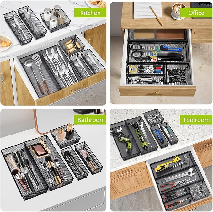 Neudeco Silverware Drawer Organizer,Utensil Organizer for Kitchen Drawer Organizer for Large Utensils with Interlocking Arm, Silverware Storage Cutlery Tray for Knives Fork Spoon (Pack 5, Black)