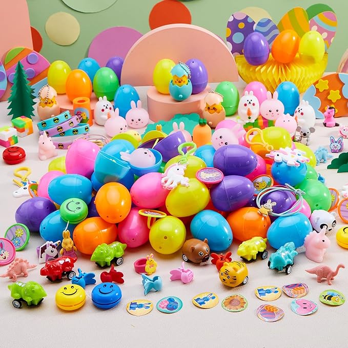 JOYIN 200 Pcs Prefilled Easter Eggs with Novelty Toys and Stickers, Filling Treats, Easter Eggs Hunt, Basket Stuffers Fillers, Theme Party Favor, Classroom Prize