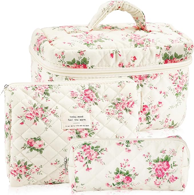 URSKYTOUS 3Pcs Cotton Quilted Makeup Bag for Women Girls Large Small Travel Pink Floral Cosmetic Bags Set Cute Coquette Makeup Pouch for Purse Aesthetic Cloth Flower Storage Toiletry Bag Organizer