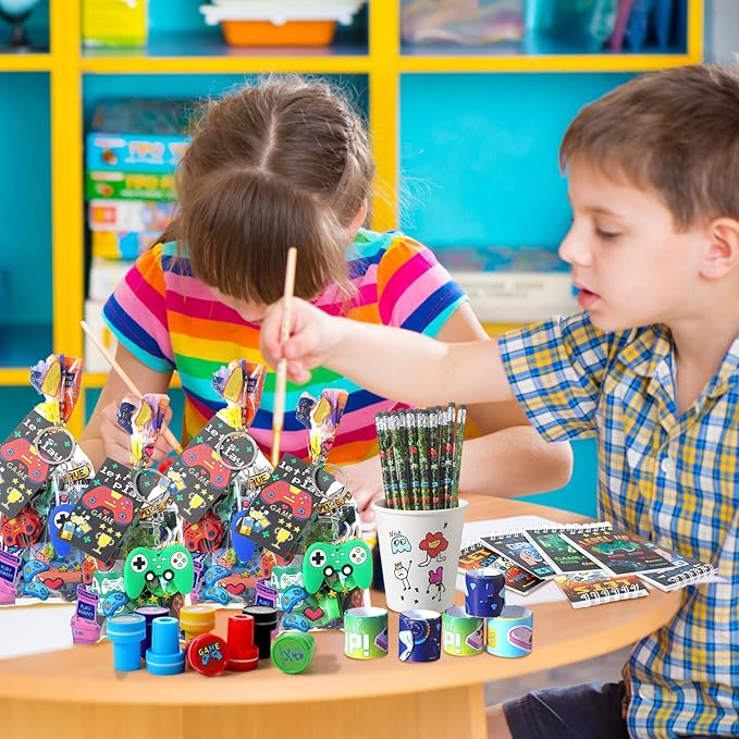 251 Pcs Video Game Party Favors Set Includes Gift Bags Pencils Notebook Sharpener Slap Bracelets Rings Keychains Tattoo Gaming Stickers Stamper Gamer Party Favors for Kids Gamer Birthday