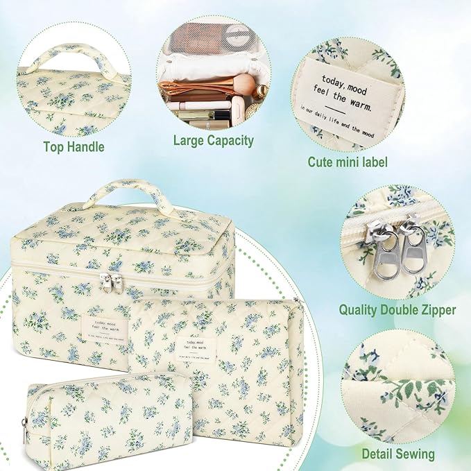 URSKYTOUS 3Pcs Makeup Bag Quilted Cotton Cosmetic Bags for Women Large Small Blue Makeup Pouch Set Cute Coquette Floral Travel Bags Portable Skincare Toiletry Bag Vintage Puffy Essential Organizer