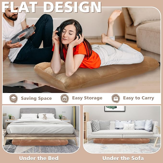 Folding Floor Chair 14-Position Cushioned Adjustable Floor Lazy Sofa Chair w/Breathable Cotton & Skin-Friendly Flannel for Adults & Kids Ideal for Reading Meditating, Camel