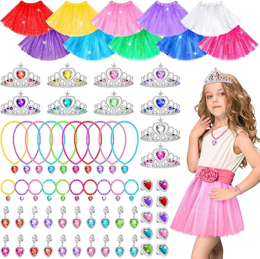 70 Pcs Princess Tutu Crown Dress up Accessories Princess Jewelry Pretend Play Set Tutu Skirts Crowns Adjustable Jewel Necklaces Rings Earrings Bracelets for Girls Christmas Birthday Party Favors