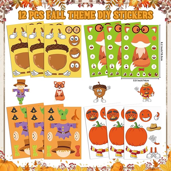 Erweicet Fall Party Favors 72 PCS Autumn Slap Bracelet DIY Stickers Plastic Straws Silicone Bracelets Tattoo Stickers Gift Bags for Kids Fall Harvest Party Classroom Rewards Goodie Bag Filler