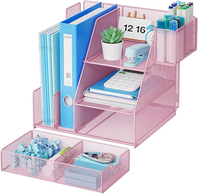 Marbrasse Desk Organizer and Accessories, 3-Tier File Organizer with Drawer and Pen Holder, Small Desktop Organizer and Storage for Workspace Office Supplies Pink