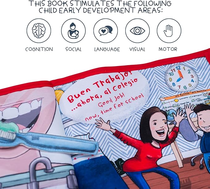 Routines 11 Pages Quiet Book for 3+ Year Old Boys and Girls | Bilingual Soft Book | Preschool and Early Learning | Montessori Fabric Book for Toddlers | Play and Learn Toy | 14 Pieces Included.