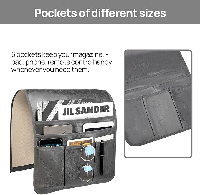 Teniux Remote Control Holder Faux Leather Armrest Organizer with 6 Pockets for Recliner Couch Sofa, Armchair Caddy for Smart Phone, Book, Magazines, Ipad, Remotes (Dark Grey)