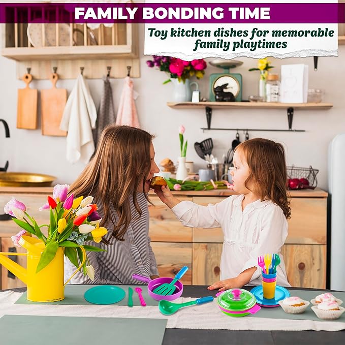 Kids Play Dishes for Kids Kitchen Playset Accessories - 27Pcs Kitchen Toy Dishes for Kids Kitchen Accessories Kids Play Plates and Bowls Sets - Kids Dishes Playset for Outdoor Play Kitchen Accessories