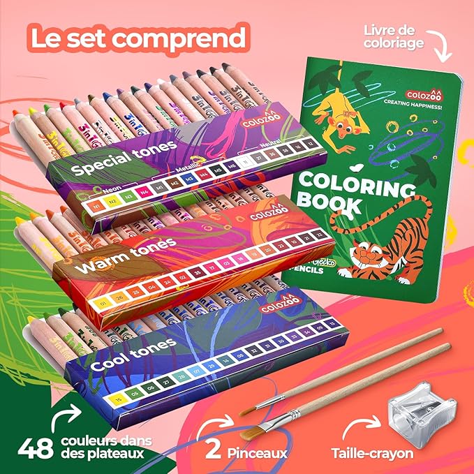 Gecko 3-in-1 Kids' Pencil Set | 48 Coloring Pencils with 2 Brushes, Sharpener, and Book for Ages 3 and Up | Ideal for Drawing, Pencil-Crayons, and Sets for Children