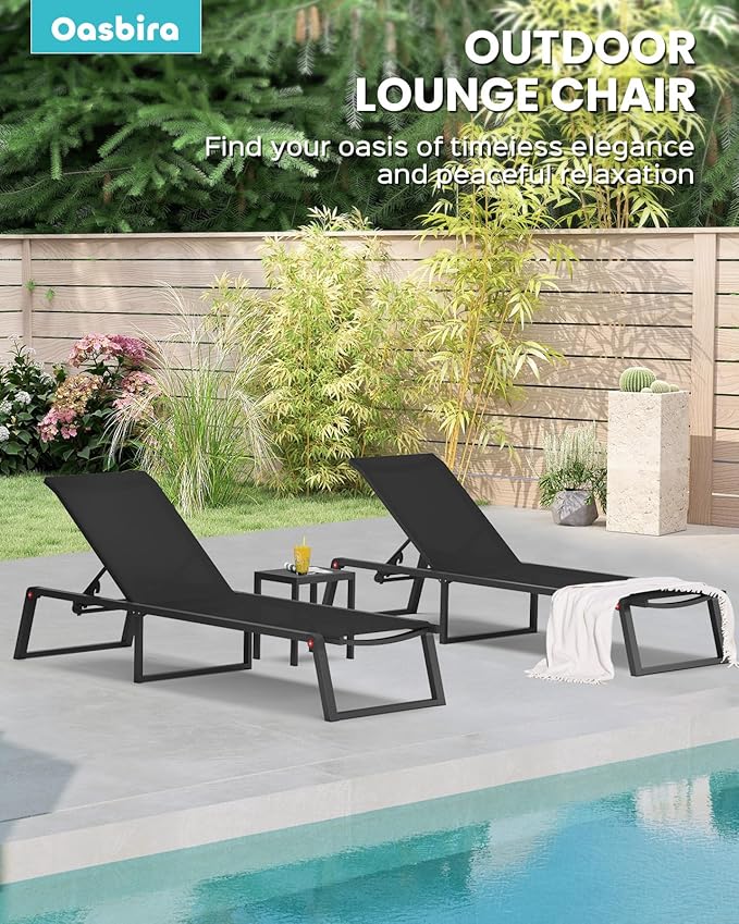 Aluminum Chaise Lounge Outdoor Set of 2, Foldable & Assembly Free Patio Pool Lounge Chairs 5-Position Recliner for Outside Poolside, Fully Grounded Legs Sun Lounger for Beach, Yard, Black