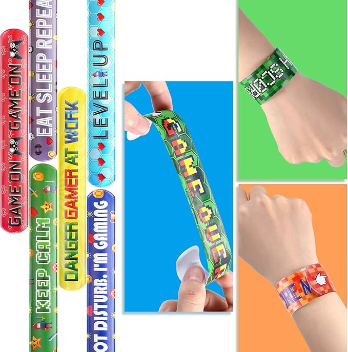 Blulu 40 Pcs Video Game Slap Bracelets Pixelated Party Pixelating Party Wristbands Supplies, Pixelating Snap Bracelets for Kids Gamer Birthday Party Favors (10 Style)