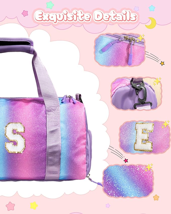 Cute Bags for Girls-Girl Gym Bag with Shoe Compartment, Kid Personalized Weekender Overnight Bags, Initial Travel Tote with Makeup Pouch, Gift for 3 4 5 6 7 Year Old Kids (Letter T)
