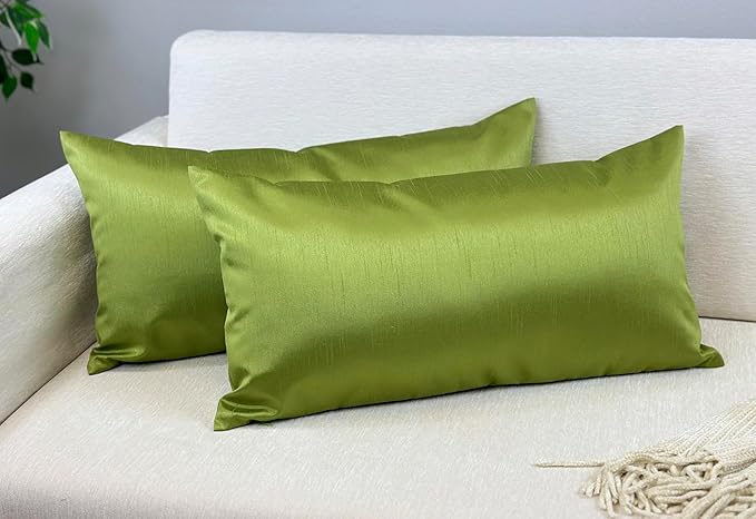 Aiking Home 12x24 Inches Faux Silk Rectangular Throw Pillow Cover, Zipper Closure, Green (Set of 2)