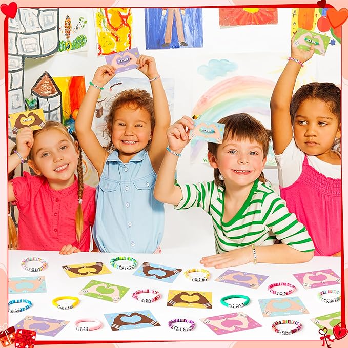 24 Pack Valentine’s Day Friendship Bracelets Card Gifts Set, Friendship Clay Beads Bracelet with Valentines Card Kids School Classroom Prizes Exchange Gift Valentines Party Favors Supplies