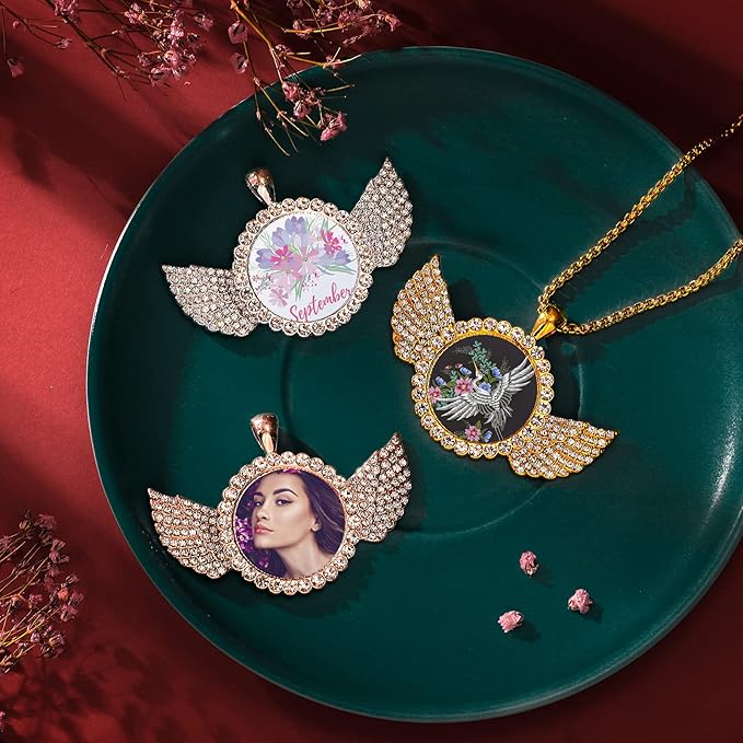 9 Pieces Sublimation Blank Necklace with Chain Set Blank Necklace Rhinestone Wing Shape Bezel Pendant Tray, 25 mm Sublimation Sheet, Double Sided Tape for DIY (Round Shape Style)