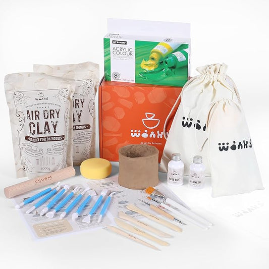Air Dry Clay Pottery Kit for Adults & Kids - 30 Piece Kit - Acrylic Paint & Sculpting Tools Included - Carving Kit, Clay Sponge & More - A Complete Beginners Pottery Set - 2KGs of Clay Included