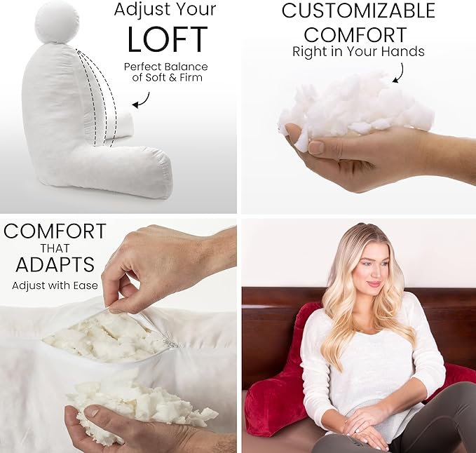 Husband Pillow Red, Original Reading Pillow in Bed Rest Chair, Shredded Memory Foam Large Lounge Cushion Adult Backrest with Arms, Comfy Back Support for Sit Sitting Up, Washable/Removable Cover