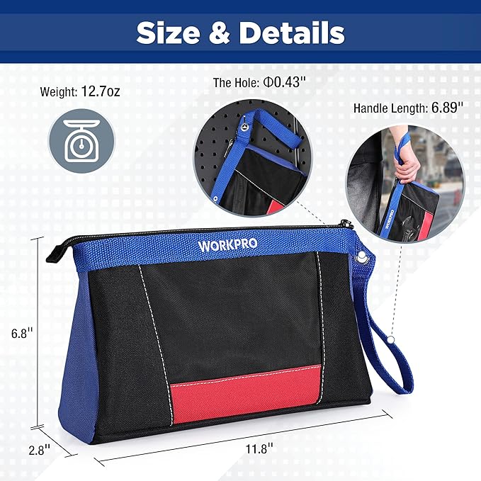 WORKPRO 12" Tool Pouches with Zipper, Utility Bag Pouch for Tool Organizers and Storage, Small Tool Bag, Multipurpose Storage pouch 2-Pack