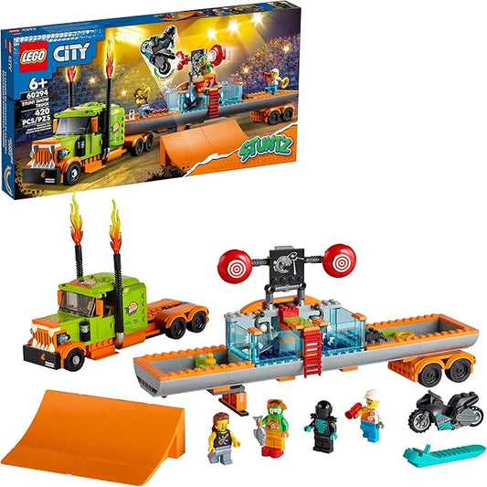LEGO City Stunt Show Truck 60294 Building Toy Set with Launch Ramps and a Dunk Tank Plus a Flywheel-Powered Stunt Bike