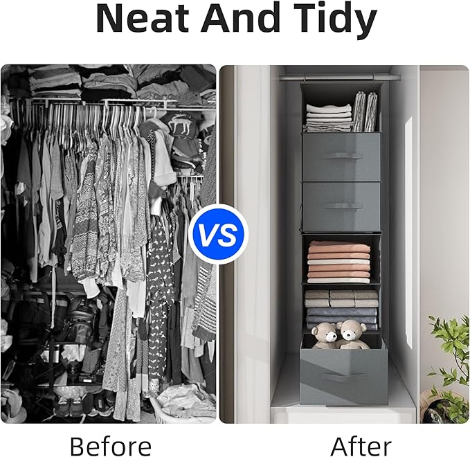 Twira 6-Shelf Hanging Closet Organizer, 2 Separable 3-Shelf Hanging Shelves, Hanging Storage with 3 Removanle Drawers 4 Side Pockets for Wardrobe, Nursery, Drom, Baby Clothes Organization Dark Grey